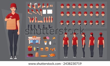 Fast-food Worker Character Creation Set, Woman Wearing Red Uniform with Various Food Items. Hand Gestures, Mouth Animation and Lip Sync. Vector Illustration