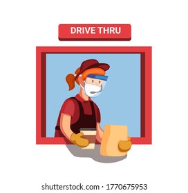 Fastfood worker girl wear face shield mask and glove gives a customer order at a drive thru window, new normal activity concept in cartoon illustration vector
