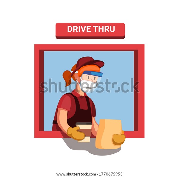 Fastfood worker girl wear face shield\
mask and glove gives a customer order at a drive thru window, new\
normal activity concept in cartoon illustration\
vector