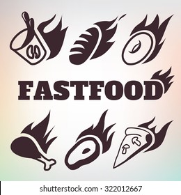 fastfoood icon set, pizza, coffee cup, donut, chicken, bread, steak. Hot and fire
