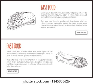 Fastfoot posters set with Mexican taco dish and hot dog. Meal with sausage and vegetables. Monochrome sketches outline takeaway vector illustration