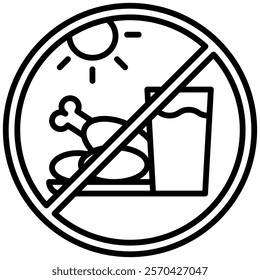 Fasting icon showing food and drink under the sun crossed out, symbolizing abstinence during daylight hours. Perfect for apps, websites, or designs about fasting, Ramadan, or spiritual practices.