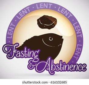 Fasting menu for Lent celebration: fish and fasting bread silhouettes over a glossy button with purple frame.