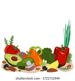 Ayuno imitando los alimentos dietéticos, frontera FMD. Las grasas altas y los productos de bajos hidratos de carbono se fijan para perder peso y mejorar la salud corporal. Ilustración vectorial. Verduras, semillas, champiñones, aceitunas y nueces.