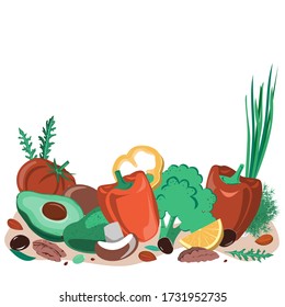 Ayuno imitando alimentos dietéticos, frontera de la FA. Las grasas altas y los productos con bajos hidratos de carbono se fijan para perder peso y mejorar la salud corporal. Ilustración vectorial. Verduras, semillas, setas, aceitunas y nueces.