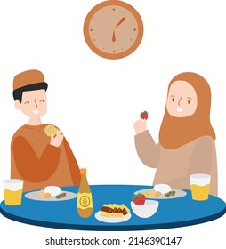 Fasting and Ramadan Kareem Concept. Man And Woman Eating in Iftar Time. Flat Design Illustration Of Muslim People