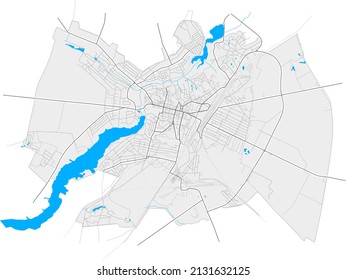 Fastiv, Kiev Oblast, Ukraine high resolution vector map with city boundaries and outlined paths. White additional outlines for main roads. Many detailes. Blue shapes and lines for water.