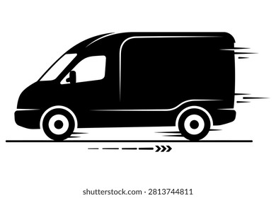 Fastmoving black delivery van with motion lines on transparent background