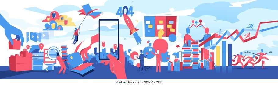 Fast-paced modern society with people interacting with the flow of technology, culture and digital economy. Detailed vector panoramic illustration