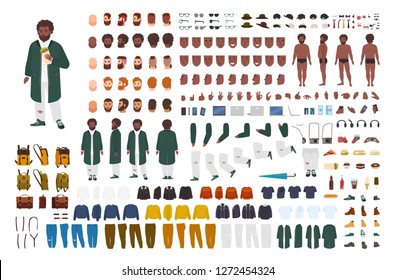 Fat African American man constructor set or DIY kit. Bundle of flat cartoon character body parts, postures, gestures, clothes isolated on white background. Front, side, back view. Vector illustration.