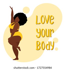 Fat african american woman in yellow underwear or swimsuit is dancing. Text 