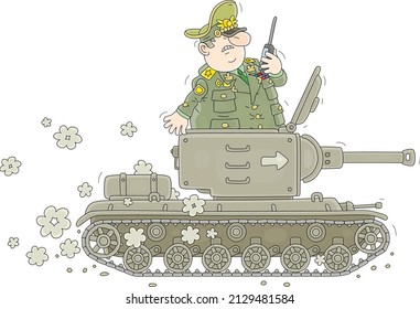 Fett wütender Armeegeneral, der auf einem alten Rutschtank reitet und über einen Walkie-Talkie befehligt, Vektorgrafik auf weißem Hintergrund
