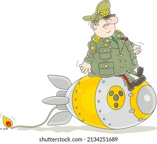 Fat and angry army general sitting on a big atomic bomb with a fizzing fuse, vector cartoon illustration isolated on a white background