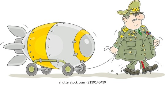 Fat, angry and belligerent general in army uniform marching with a big bomb in a parade, vector cartoon illustration on a white background