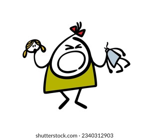 Fat apricious little girl broke a doll, tore off her head. Vector illustration of a cartoon baby crying and screaming. Creative doodle character isolated on white background.