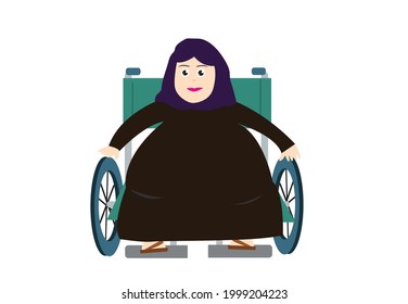 Fat Arabian Woman sitting on Wheelchair. Editable Clip Art.