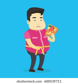Fat asian man with slice of pizza in hand measuring a waistline. Sad fat man measuring a waistline with tape. Fat man with centimeter on waistline. Vector flat design illustration. Square layout.