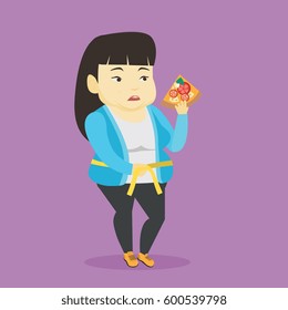 Fat asian woman with slice of pizza in hand measuring a waistline. Sad fat woman measuring a waistline with tape. Fat woman with centimeter on waistline. Vector flat design illustration. Square layout