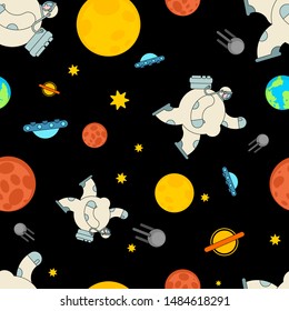 Fat astronaut space pattern seamless. Thick cosmonaut background. Stout spaceman ornament. Universe Baby cloth textire