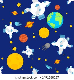 Fat astronaut space pattern seamless. Thick cosmonaut background. Stout spaceman ornament. Universe Baby cloth textire