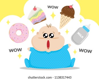 Fat Baby Loves To Eat Sweets. Vector File.