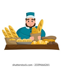 Fat baker selling his baked goods at the local market. Fresh home baked products. Flat vestor illustration.