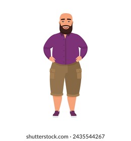 Gordo calvo feliz hombre de pie con brazos akimbo, personaje masculino con gran vientre y barba ilustración vectorial