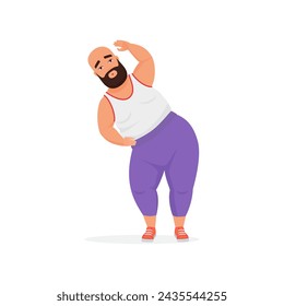 Fat bald man bending sideways, male character sports training vector illustration