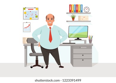 Fat bald man in office. Worker in formal clothing. Workplace with table, chair, computer, chart, graph, shelf with folders, flower, working papers on wall. Flat vector design