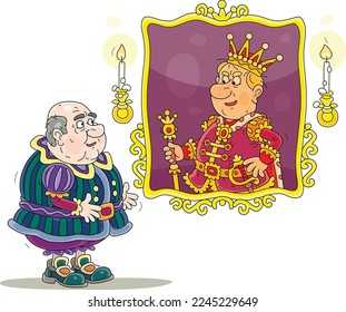 Fat bald-headed government prime minister consulting with a portrait of an angry king in a golden frame about important state affairs, vector cartoon illustration isolated on a white background