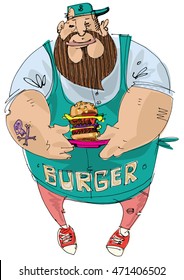Fat bearded cook is holding hamburger in his hands. Cartoon. Caricature
