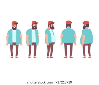 Fat bearded man, hipster.  Front, side, back, 3/4 view character for animation. Separate parts of body. Cartoon style, flat vector illustration.