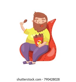 Fat bearded man sitting on armchair and eating fried chicken legs cartoon vector Illustration