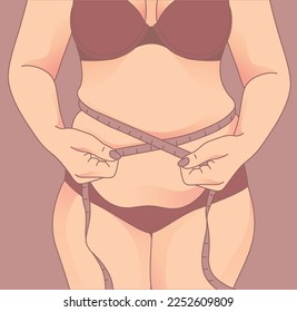fat belly, chubby woman hand holding excessive belly fat with measure tape. woman body shape transformation, Fat To Fit. 