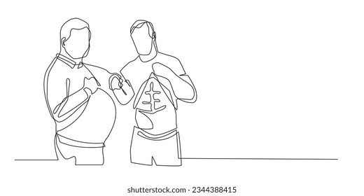 fat belly man and six pack man .two men showing belly health.  continuous line 