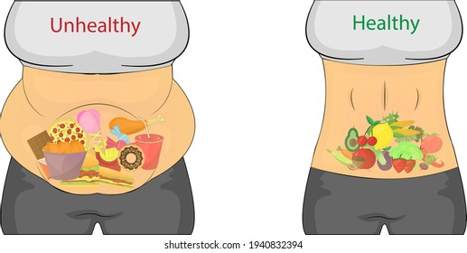 La barriga gorda frente a la barriga delgada. Comparación de alimentos sanos frente a chatarra en ilustraciones vectoriales de fondo blanco. Elegir entre el concepto de alimentos saludables y no saludables. Comida rápida frente a menú equilibrado.  Dieta de estilo de vida.