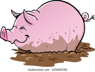 Fat big happy pig relaxing in mud