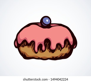 Fat big sweet sugar choco glaze pie design on white card space for text. Bright pink color hand drawn hebrew festive holiday meal sign. Greet Israel party icon sketch in art retro doodle cartoon style