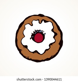 Fat big sweet sugar chocolate glaze pie design logo on white background. Line ink hand drawn Hebrew festive holiday meal design. Great Israel party sign sketch in art retro doodle cartoon vector style