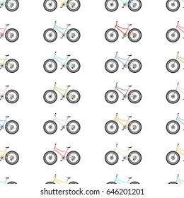 Fat bike of different colors vector seamless pattern isolated on white background for wallpaper, wrapping, packing, and backdrop. Sport texture.