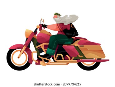 
A fat biker with a gray beard rides a motorcycle. Vector illustration, character design