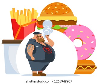 Fat biker smokes. Health care concept. Junk meal leads to obesity. Vector flat cartoon illustration