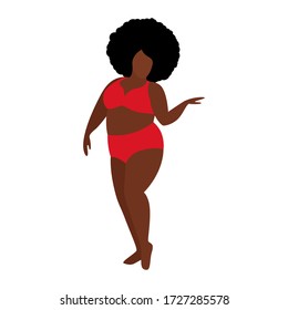 A fat black african woman in red underwear or a bathing suit is dancing. The concept of body positivity and love for your body. Vector stock flat illustration isolated on a white background.