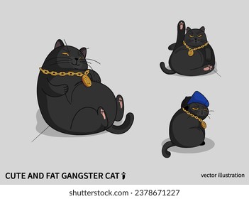 Un gato negro gordo con una expresión tierno que usa un collar de Bitcoin. Ilustraciones de vectores 2D.