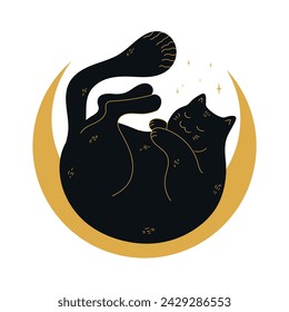 Fat black cat is lying on a crescent curled up. Vector illustration