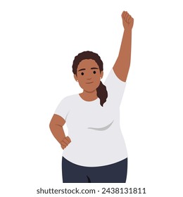 Fat black woman doing sport. Weight loss program, plus size girl. Flat vector illustration isolated on white background