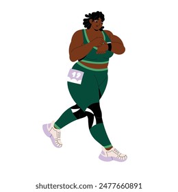 Fat black woman jogging in marathon to loss weight. Person with overweight running to care about health, body. Obese character training, does sports workout to fit. Flat isolated vector illustration