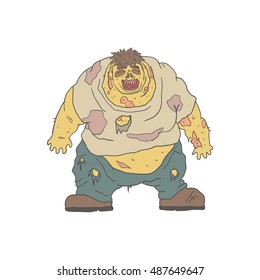 Fat Blind Creepy Zombie With Rotting Flesh Outlined Hand Drawn Adult Style Illustration Isolated On White Background