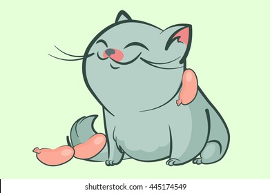 fat blue cat smile narrowed eyes hung with sausage on a white background. Happy pet with food. Cute vector illustration.