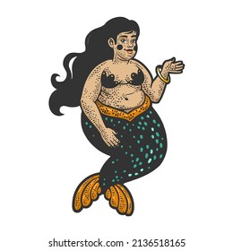 fat body positive mermaid girl color sketch engraving vector illustration. T-shirt apparel print design. Scratch board imitation. Black and white hand drawn image.